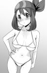  1girl alternate_costume bandana bangs bare_arms bare_shoulders bikini blush breasts collarbone cowboy_shot gradient_background grey_background h2o_(ddks2923) hair_between_eyes hand_on_hip highres large_breasts looking_at_viewer may_(pokemon) medium_hair navel pokemon skindentation solo stomach sweat swimsuit 