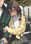  1boy 1girl 92m ^^^ bag black-framed_eyewear black_hair black_skirt blush braid closed_mouth glasses highres jacket kakita_(92m) long_hair long_sleeves original otouto_(92m) outdoors skirt sweatdrop yellow_eyes yellow_jacket 