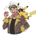  1boy ;d black_shirt brown_jacket character_request clothed_pokemon commentary_request goggles hand_in_pocket hat holding holding_poke_ball jacket male_focus one_eye_closed open_clothes open_jacket open_mouth pikachu poke_ball poke_ball_(basic) pokemon pokemon_(anime) pokemon_sv_(anime) sagemaru-br shirt short_hair signature simple_background smile teeth tongue translation_request white_background white_hair white_headwear yellow_eyes 