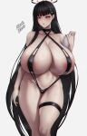  1girl alternate_costume areola_slip bangs bare_shoulders black_hair blue_archive blunt_bangs blush breasts cleavage collarbone covered_nipples curvy gigantic_breasts grey_background hair_ornament hairclip halo halterneck highres long_hair looking_at_viewer navel one-piece_swimsuit open_mouth red_eyes rio_(blue_archive) signature skindentation slingshot_swimsuit solo swimsuit thick_thighs thigh_strap thighs very_long_hair zer0.zer0 