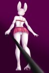  anthro bottomwear bra clothing collar female first_person_view hi_res lagomorph leash leashed_pov leporid mammal miniskirt oliviaart panties purple_background rabbit simple_background skirt solo underwear upskirt 