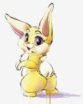  anthro carrot_(artist) carrot_(carrot) female fur hi_res lagomorph leporid looking_at_viewer looking_back mammal open_mouth pink_nose purple_eyes rabbit simple_background smile solo tail white_background white_body white_fur yellow_body yellow_fur 