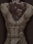  1boy abs armpits arms_behind_head avatar_(ff14) bara beard bound bound_wrists brown_fur bulge cat_boy chest_hair cowboy_hat dog_tags erection erection_under_clothes facial_hair fangs final_fantasy final_fantasy_xiv fundoshi furry furry_male groin hat highres hrothgar igarashi_(ff_igarashi) japanese_clothes large_pectorals looking_at_viewer male_focus mask mature_male medium_hair muscular muscular_male navel nipples pectorals solo stomach topless_male 