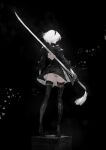  1girl ass back_cutout black_background black_dress black_hairband boots clothing_cutout dress from_behind hairband high_heel_boots high_heels highres holding holding_sword holding_weapon juliet_sleeves kazama_raita long_sleeves nier:automata nier_(series) puffy_sleeves short_hair simple_background solo sword thigh_boots thighhighs weapon white_hair yorha_no._2_type_b 