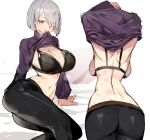  1girl ass ass_focus back bangs blunt_bangs blunt_ends bob_cut bra breasts clothes_removed enn_matien facing_away fiona_frost from_behind hair_over_one_eye highres large_breasts looking_at_viewer short_hair solo spy_x_family standing swept_bangs underwear undressing white_hair 