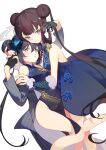  2girls bangs bare_shoulders black_dress black_gloves black_hair blue_archive blue_eyes blush braid braided_bun breasts butterfly_hair_ornament china_dress chinese_clothes coat detached_sleeves double_bun dragon_print dress fate/grand_order fate_(series) gloves grey_coat grey_eyes hair_bun hair_ornament half_gloves halo highres indai_(3330425) kisaki_(blue_archive) long_hair long_sleeves looking_at_viewer medium_breasts multiple_girls off_shoulder pelvic_curtain pinstripe_pattern purple_hair short_dress side_slit sidelocks small_breasts smile striped thighs twintails vertical-striped_coat very_long_hair yang_guifei_(fate) 