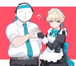  1boy 1girl ? apron arona&#039;s_sensei_doodle_(blue_archive) black_dress black_gloves blonde_hair blue_archive blue_eyes blue_necktie blue_ribbon closed_mouth dress fingerless_gloves futapi gloves heart_hands_failure highres juliet_sleeves long_sleeves looking_at_viewer maid maid_headdress necktie puffy_sleeves red_background ribbon sensei_(blue_archive) shirt smile thumbs_up toki_(blue_archive) two-tone_background white_apron white_background white_shirt 