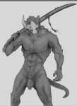  absurd_res bone canid canine canis demon genitals hi_res letterbox male mammal monochrome monster muscular nude penis sketch skull skull_head solo ssseeesss weapon_on_shoulder wolf 