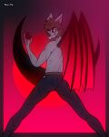  anthro athletic athletic_male bat beard blood bodily_fluids butt claws facial_hair fangs hi_res kimero_kat looking_at_viewer male mammal membrane_(anatomy) membranous_wings muscular muscular_male pants_only ramiel rear_view red_theme sharp_teeth simple_background smile smiling_at_viewer solo symbol teeth wide_stance wings 