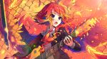  1girl black_jacket blonde_hair blue_eyes collared_shirt feathers guitar highres holding holding_instrument instrument jacket long_sleeves looking_to_the_side multicolored_hair necktie nou_(nounknown) orange_hair original phoenix_(vocaloid) red_necktie shirt solo wavy_hair white_shirt 