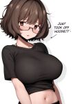  1girl aki_(snale) arrow_(symbol) black_shirt blush breasts brown_eyes brown_hair english_text glasses highres large_breasts looking_at_viewer midriff mikoscrub navel open_mouth original shirt short_hair short_sleeves simple_background solo upper_body white_background 