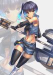  1girl absurdres bangs black_sports_bra blue_hair blunt_bangs breasts brown_eyes chest_jewel closed_mouth commentary_request crop_top fiery_hair glowing_lines hakusai_(hksicabb) hammer highres holding holding_hammer leggings looking_at_viewer sena_(xenoblade) shoulder_strap simple_background smile solo sports_bra thighhighs weapon white_background xenoblade_chronicles_(series) xenoblade_chronicles_3 