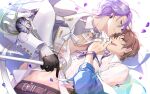  2boys bishounen black_gloves blush brown_eyes brown_hair dt.calico earrings eiden_(nu_carnival) gem gloves highres hug jewelry kuya_(nu_carnival) long_sleeves looking_at_viewer male_focus multiple_boys navel necklace nu_carnival petals pom_pom_(clothes) purple_hair ribbon see-through see-through_shirt shirt short_hair white_ribbon white_shirt yaoi yellow_eyes 