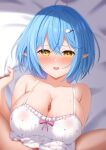  1girl bed_sheet blue_hair blush bow bow_bra bra breasts censored cleavage collarbone highres hololive large_breasts looking_at_viewer lying mosaic_censoring nose_blush on_back paizuri paizuri_under_clothes penis pointy_ears pov pov_crotch shirayuiii short_hair sideboob skindentation sweat underwear underwear_only virtual_youtuber white_bra yellow_eyes yukihana_lamy 