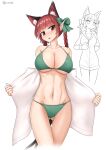  1girl :o animal_ears ass_visible_through_thighs bangs bikini blush bow braid breasts cat_ears cat_tail cleavage commentary_request cowboy_shot extra_ears green_bikini green_bow hair_bow highres igu_(103milk) jacket kaenbyou_rin large_breasts long_hair looking_at_viewer multiple_tails navel nekomata open_clothes open_jacket pointy_ears red_eyes red_hair simple_background solo standing stomach swimsuit tail touhou twin_braids twitter_username undressing unzipping white_background white_jacket 