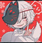  &gt;:) 1boy \n/ accelerator_(toaru_majutsu_no_index) albino ambiguous_gender androgynous bangs black_border black_choker blush border chibi choker electrodes eyeshadow fangs fox_mask fox_tail hair_between_eyes japanese_clothes kemonomimi_mode kimono limited_palette looking_at_viewer makeup mask messy_hair one_eye_covered open_mouth pale_skin portrait red_background red_eyes red_eyeshadow red_nails sanpaku short_hair smile solo speech_bubble tail toaru_majutsu_no_index v-shaped_eyebrows white_hair white_kimono wo_zatta 