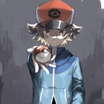  1boy baseball_cap blue_jacket brown_eyes brown_hair commentary_request grey_background hat highres hilbert_(pokemon) holding holding_poke_ball jacket looking_at_viewer male_focus orange_headwear parted_lips poke_ball poke_ball_(basic) poke_ball_print pokemon pokemon_(game) pokemon_bw short_hair sketch solo upi_(ukn18pkanother) upper_body zipper_pull_tab 
