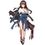  1girl bangs black_footwear blue_skirt blunt_bangs breasts brown_hair cleavage fangdan_runiu flower full_body girls&#039;_frontline hair_flower hair_ornament hairband instrument_case instrument_request japanese_clothes js_9_(girls&#039;_frontline) js_9_(tender_marigold)_(girls&#039;_frontline) js_9_mm kimono large_breasts long_hair long_skirt looking_at_viewer mary_janes mechanical_arms off_shoulder official_alternate_costume official_art parted_lips red_eyes shoes skirt solo standing torn_clothes torn_kimono torn_skirt transparent_background white_kimono 