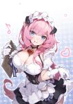  1girl :q apron asc11 black_dress black_horns blue_eyes breasts cleavage closed_mouth commentary cowboy_shot dress elf elysia_(honkai_impact) elysia_(miss_pink_elf)_(honkai_impact) frilled_hairband frills gloves hairband heart highres holding holding_notepad honkai_(series) honkai_impact_3rd horns long_hair musical_note notepad pink_hair pointy_ears short_sleeves skirt_hold smile solo symbol-only_commentary tongue tongue_out very_long_hair white_apron white_gloves white_hairband white_sleeves 