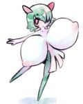  angstrom areola big_breasts blush blush_stickers breasts female generation_3_pokemon green_hair hair hair_over_eye huge_breasts humanoid kirlia multicolored_body nintendo nipples nude one_eye_obstructed pink_areola pink_nipples pokemon pokemon_(species) red_eyes smile solo two_tone_body 