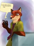  2016 anthro canid canine cellphone clothing disney ears_up fox fur half-closed_eyes half-length_portrait hi_res holding_cellphone holding_object holding_phone leaning male mammal marcushunter mouth_closed narrowed_eyes necktie nick_wilde phone portrait shirt signature smile solo text text_message texting topwear zootopia 