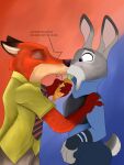  2016 anthro bottomwear canid canine clothed clothing dialogue disney duo ears_back ears_up eyes_closed female fox fur hi_res judy_hopps kiss_on_lips kissing lagomorph leporid male mammal marcushunter necktie nick_wilde pants pivoted_ears police_uniform rabbit shirt text topwear uniform wide_eyed zootopia 