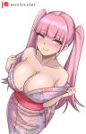  1girl artist_name bangs bare_shoulders blunt_bangs blush breasts cleavage closed_mouth collarbone commentary fire_emblem fire_emblem:_three_houses floral_print hayato_stuff highres hilda_valentine_goneril japanese_clothes kimono large_breasts looking_at_viewer partially_undressed patreon_logo pink_eyes pink_hair pink_kimono simple_background smile solo twintails watermark white_background 