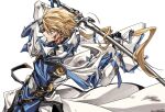  1boy belt blonde_hair blood blood_on_face blue_eyes bruise cutting_hair cutting_own_hair dong_hole english_text fingerless_gloves gloves guilty_gear guilty_gear_strive guilty_gear_xrd hair_between_eyes highres holding holding_sword holding_weapon injury ky_kiske looking_to_the_side male_focus scar scar_on_cheek scar_on_face short_hair simple_background sword thunderseal weapon white_background 
