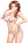  1girl ass_visible_through_thighs bangs bare_arms bare_shoulders bikini blush breasts cleavage closed_mouth collarbone contrapposto cowboy_shot groin hair_over_one_eye hand_on_hip hand_up highleg highleg_bikini highres idolmaster idolmaster_cinderella_girls kawashima_mizuki large_breasts long_hair looking_at_viewer low_ponytail orange_eyes parted_bangs side-tie_bikini_bottom simple_background smile solo swimsuit tomajiyama watch white_background white_bikini wristwatch 