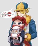  2boys black_hair black_shirt blonde_hair blue_jumpsuit blush carrying commentary_request futako_(gemini_ds) grey_background grey_eyes hair_over_one_eye hat highres hisuian_zorua holding holding_pokemon jacket jumpsuit long_sleeves male_focus multiple_boys parted_lips pokemon pokemon_(creature) pokemon_(game) pokemon_legends:_arceus red_headwear red_scarf rei_(pokemon) scarf scarf_over_mouth shirt short_hair thought_bubble volo_(pokemon) yellow_headwear 