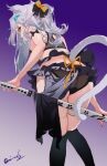  1girl absurdres animal_ears ass bare_shoulders black_panties black_thighhighs blue_nails cat_ears cat_girl cat_tail feet_out_of_frame from_behind gradient_background grandia_lee green_eyes grey_hair highres holding holding_sword holding_weapon leaning_forward long_hair looking_at_viewer looking_back nail_polish orange_ribbon original panties purple_background revealing_clothes ribbon sheath sheathed signature solo standing sword tail tail_ornament tail_ribbon thigh_strap thighhighs underwear weapon 