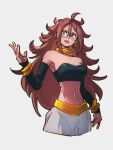  1girl :d android_21 blue_eyes bracelet breasts choker cleavage dragon_ball dragon_ball_fighterz earrings glasses grey_background hair_between_eyes hoop_earrings jewelry kemachiku long_hair looking_at_viewer majin_android_21 medium_breasts midriff navel open_mouth red_hair simple_background smile solo yellow_choker 