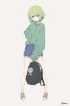  1girl absurdres backpack bag bell_cranel blue_eyes blue_shorts character_doll charmy converse dungeon_ni_deai_wo_motomeru_no_wa_machigatteiru_darou_ka green_hair green_jacket hand_on_own_face highres jacket long_sleeves pink_footwear pointy_ears ryu_lion shoes shorts signature simple_background sleeves_past_fingers sleeves_past_wrists sneakers 