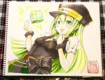  1girl alina_gray black_bow black_headwear black_vest blush bow breasts chain chauke collar finger_to_mouth fur_cuffs gem green_eyes green_gemstone green_hair hair_between_eyes hat long_hair looking_at_viewer magia_record:_mahou_shoujo_madoka_magica_gaiden magical_girl mahou_shoujo_madoka_magica medium_breasts multicolored_clothes multicolored_skirt open_mouth peaked_cap pleated_skirt puffy_short_sleeves puffy_sleeves see-through see-through_sleeves short_sleeves sidelocks skirt smile solo straight_hair striped striped_skirt traditional_media v-neck vertical-striped_skirt vertical_stripes vest waist_bow white_collar white_sleeves 