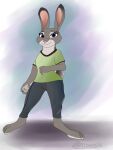  2016 anthro barefoot bottomwear clothed clothing disney ears_up feet female hi_res judy_hopps lagomorph leporid looking_at_viewer mammal marcushunter mouth_closed pants rabbit shirt signature smile smiling_at_viewer solo standing topwear wide_eyed zootopia 