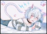  1boy accelerator_(toaru_majutsu_no_index) albino ambiguous_gender androgynous animal_ears arrow_print bangs bed_sheet black_border black_choker blush border cat_ears cat_tail choker clenched_hand collarbone diagonal-striped_shirt electrodes embarrassed fangs grey_pants hair_between_eyes hand_on_own_arm hand_up kemonomimi_mode lightning_bolt_symbol long_sleeves looking_away looking_to_the_side loose_clothes loose_shirt lying messy_hair official_alternate_costume on_bed on_stomach open_mouth pants paw_print pov red_eyes sanpaku shadow shirt short_hair solo tail toaru_majutsu_no_index two-tone_shirt white_background white_hair white_shirt wo_zatta 