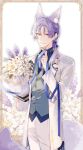  1boy alternate_costume animal_ear_fluff animal_ears bishounen blue_bow blue_ribbon bouquet bow daffodil earrings flower fox_boy fox_ears fox_tail heterochromia highres holding holding_bouquet jewelry kuya_(nu_carnival) long_hair long_sleeves looking_at_viewer low_ponytail male_focus mole mole_under_eye nu_carnival purple_eyes purple_flower purple_hair ribbon standing tail yellow_eyes zym89622531 