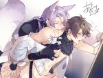  2boys anal animal_ears bishounen blush brown_eyes brown_hair couple cum eiden_(nu_carnival) ejaculating_while_penetrated ejaculation erection fox_boy fox_ears fox_tail gem grabbing handsfree_ejaculation highres kuya_(nu_carnival) long_sleeves male_focus multiple_boys nu_carnival pectoral_grab pectorals penis purple_hair short_hair tail yaoi zym89622531 