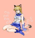  1girl 203wolves animal_ears bangs bare_shoulders belt blonde_hair blue_footwear blue_gloves blue_sailor_collar blue_skirt breasts buttons cat_day cat_ears cat_tail closed_mouth commentary_request duel_academy_uniform_(yu-gi-oh!_gx) fingerless_gloves full_body gloves hair_between_eyes high_collar long_hair looking_at_viewer medium_breasts miniskirt sailor_collar shirt signature simple_background sitting skirt sleeveless sleeveless_shirt solo straight_hair tail tenjouin_asuka turtleneck wariza yu-gi-oh! yu-gi-oh!_gx 