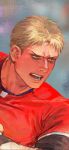  1boy blonde_hair frown highres looking_to_the_side luguoadeli_(maple12031) male_focus official_alternate_costume open_mouth red_shirt reiner_braun rugby_uniform shingeki_no_kyojin shirt short_hair solo sportswear upper_body 
