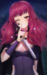  1girl black_cape breasts cape choker cleavage commentary dagger doiparuni facial_mark fire_emblem fire_emblem_engage grin hair_ornament hand_up highres holding holding_dagger holding_knife holding_weapon index_finger_raised knife large_breasts long_hair looking_at_viewer one_eye_closed pink_choker red_eyes red_hair reverse_grip short_sleeves smile solo star_(symbol) star_hair_ornament upper_body very_long_hair weapon yunaka_(fire_emblem) 