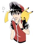  1boy bangs baseball_cap black_shirt black_wristband commentary_request hair_between_eyes harb_genzai hat highres jacket lower_teeth_only male_focus on_shoulder open_mouth pikachu pokemon pokemon_(creature) pokemon_adventures pokemon_on_shoulder red_(pokemon) red_eyes red_headwear red_jacket shirt short_sleeves simple_background sleeveless sleeveless_jacket star_(symbol) t-shirt teeth white_background wristband 