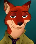  2016 anthro canid canine clothed clothing disney fox fur half-closed_eyes headshot_portrait inner_ear_fluff looking_at_viewer male mammal marcushunter narrowed_eyes necktie nick_wilde portrait shirt signature smile smiling_at_viewer smirk solo topwear tuft zootopia 