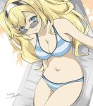  1girl bikini blonde_hair blue_bikini blue_eyes breasts chair cleavage cowboy_shot gakky gambier_bay_(kancolle) hairband kantai_collection large_breasts long_hair looking_over_eyewear lounge_chair navel one-hour_drawing_challenge solo striped striped_bikini sunglasses swimsuit twintails 