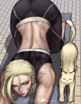  1girl alternate_hairstyle artist_name ass ayaki_d biceps blonde_hair cammy_white cat crop_top highres looking_at_another muscular muscular_female pants parted_lips scar scar_on_cheek scar_on_face short_hair sleeveless street_fighter street_fighter_6 stretching tight tight_pants top-down_bottom-up yoga_mat 