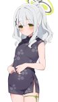  1girl black_dress blue_archive blush china_dress chinese_clothes dress floral_print green_eyes grey_hair hair_ornament hairclip halo hare_(blue_archive) highres long_hair mochigome_(ununquadium) ponytail print_dress side_slit solo sweatdrop thigh_strap 