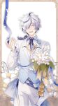  1boy bishounen black_hair blade_(nu_carnival) blue_ribbon bouquet flower gem hair_over_eyes highres holding holding_bouquet lily_of_the_valley long_sleeves looking_at_viewer male_focus multicolored_hair nu_carnival open_mouth purple_eyes ribbon sharp_teeth short_hair snowdrop_(flower) standing streaked_hair teeth white_flower white_hair zym89622531 