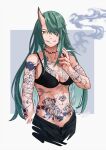  1girl :d arknights bare_arms bare_shoulders between_fingers black_bra black_pants bra breasts cigarette cleavage collarbone cropped_legs full-body_tattoo green_hair grin hair_over_one_eye highres holding holding_cigarette horns hoshiguma_(arknights) large_breasts long_hair looking_at_viewer navel open_fly pants parted_lips peppsi_(saba_sabasuk0) scar scar_on_face single_horn skin-covered_horns smile smoke smoking solo stomach tattoo underwear very_long_hair yellow_eyes 