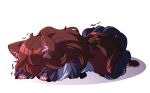  1girl animal_ear_fluff animal_ears bangs brown_hair dungeon_toaster english_commentary fingernails full_body highres imaizumi_kagerou long_fingernails long_hair lying on_stomach red_nails solo touhou wavy_hair white_background wolf_ears wolf_girl 