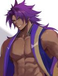  1boy bara bare_pectorals bare_shoulders bhima_(fate) dark-skinned_male dark_skin fate/grand_order fate_(series) highres l_m00g large_pectorals long_hair looking_at_viewer male_focus muscular muscular_male no_nipples pectorals purple_eyes purple_hair purple_vest simple_background smile smirk solo thick_eyebrows upper_body veins veiny_arms very_long_hair vest 